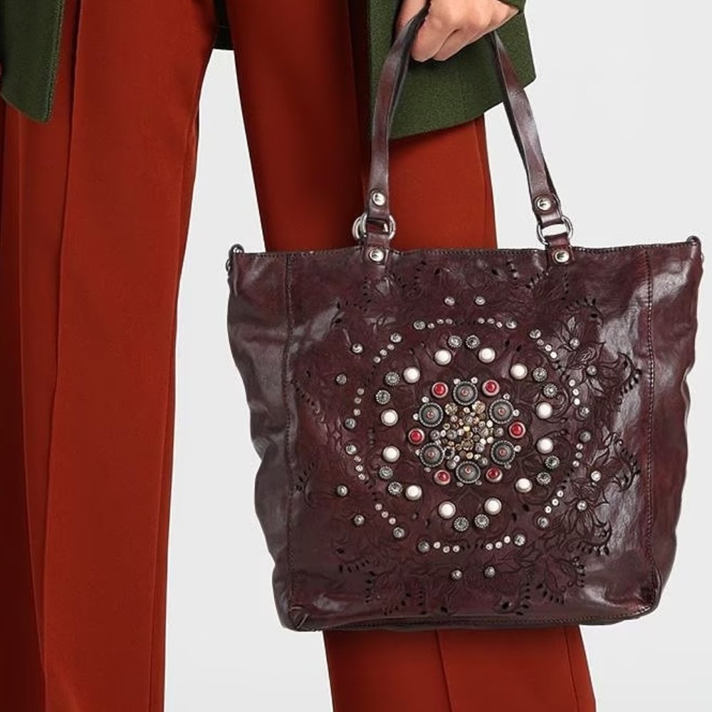 NWT Campomaggi XL Shopper Bag 2 Way Wear Siena Design REDDISH Brown